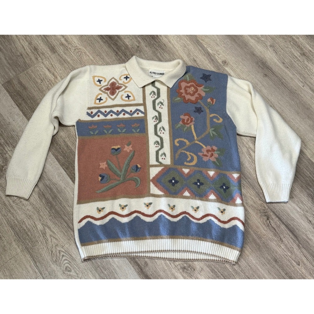Alfred‎ Dunner Women's L Knit Collared Sweater Patchwork Floral Print Multicolor